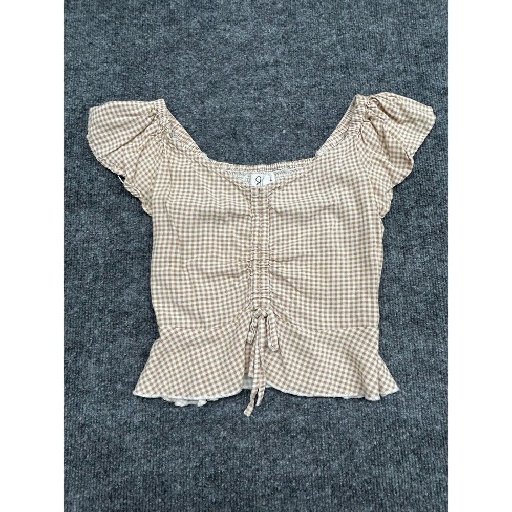 JAPNA Women's XXS Brown Gingham Plaid Ruched Front Flutter Sleeve Crop Top